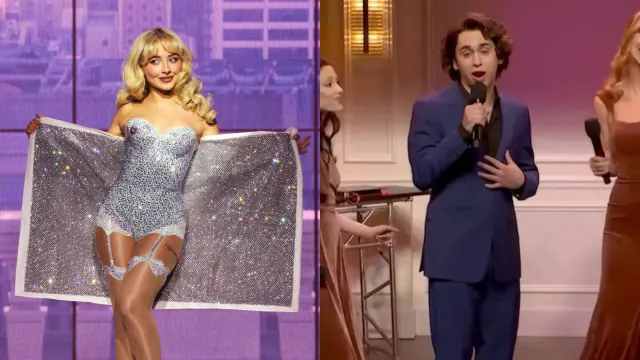 Sabrina Carpenter performs onstage during the Sabrina Carpenter Short n’ Sweet Tour at Barclays Center on September 30, 2024 in New York City next to a photo of Domingo singing a song for 'SNL'