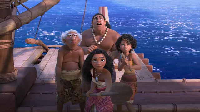 Moana and three members of her tribe on a boat as a shadow looms over them in 'Moana 2;' Is Hollywood Allergic to Marketing Musicals?