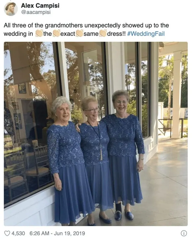 Archived Alex Campisi post above three grandmothers posing in matching blue dresses