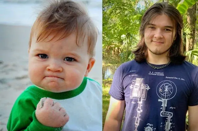 A side by side image of "Success Kid" when he is a toddler and when he turned 18 years old; “Success Kid” Turns 18. Feel Old Yet?
