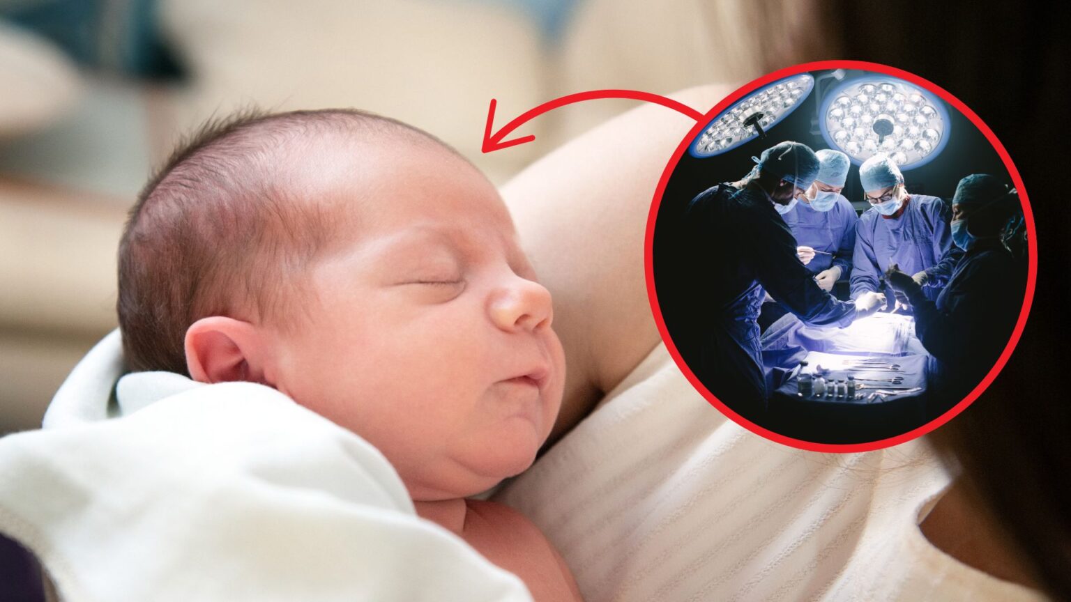 A baby in their mother's arms next to an image of a doctors in surgery