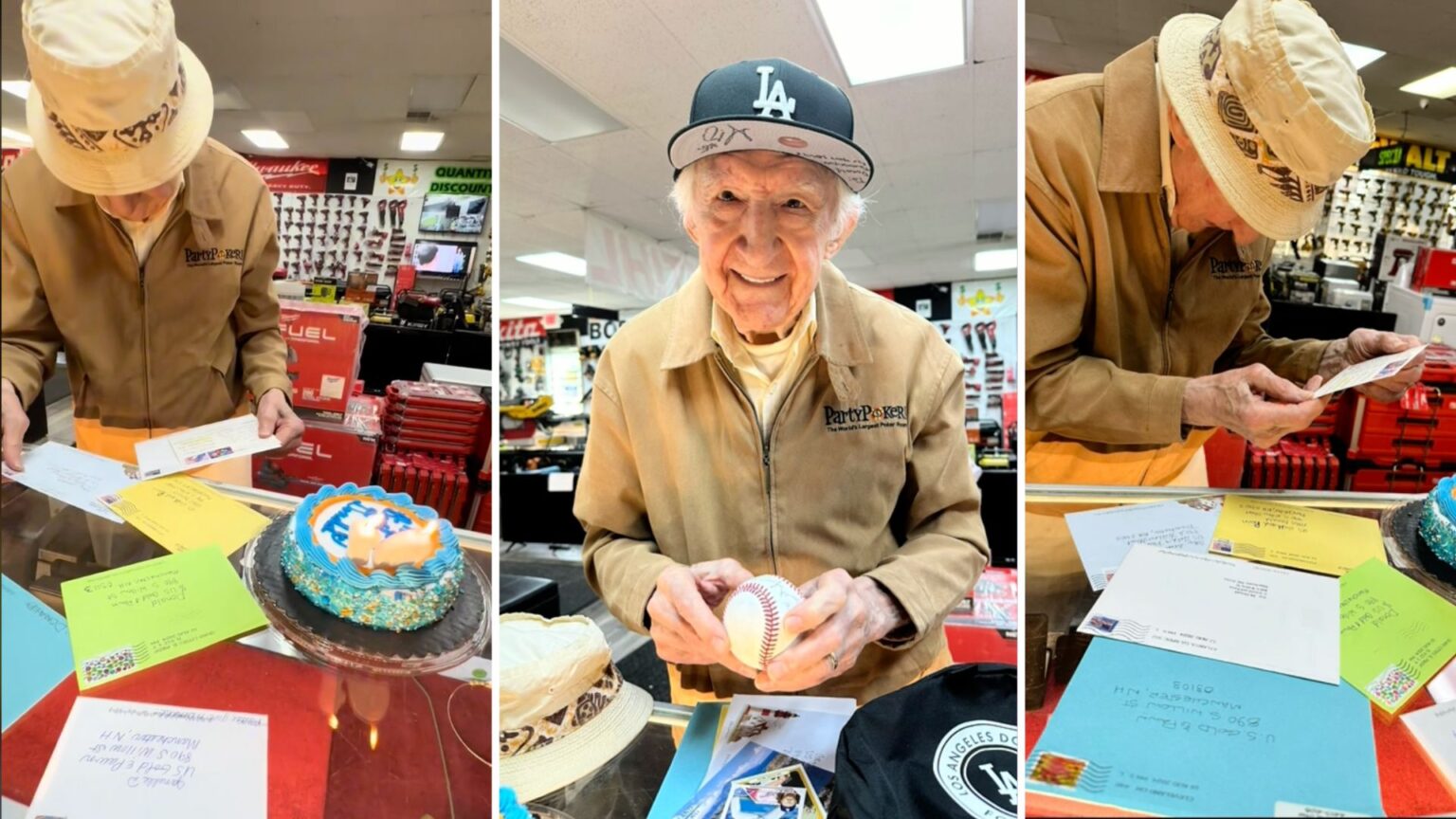 Three images of an elderly man wearing a baseball hat celebrating his birthday at a pawn shop