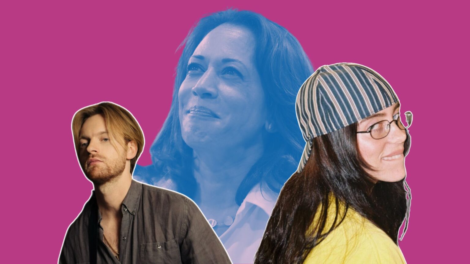 (From L to R) Finneas, Kamala Harris, and Billie Eilish against a pink background