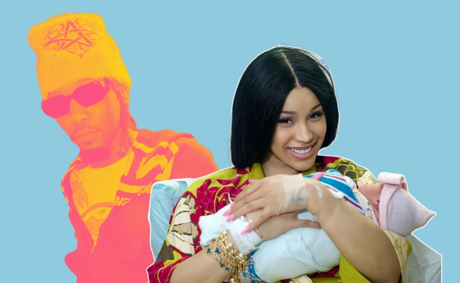 Offset and Cardi B holding their third child with a blue background