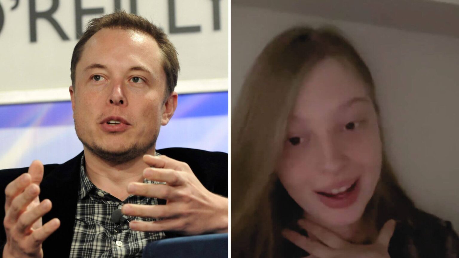 Elon Musk sitting on a stage next to a still of his estranged daughter Vivian Wilson next to a beige wall