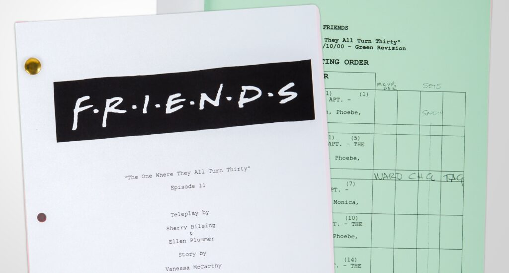 A close up of scripts from "Friends" against a purple background