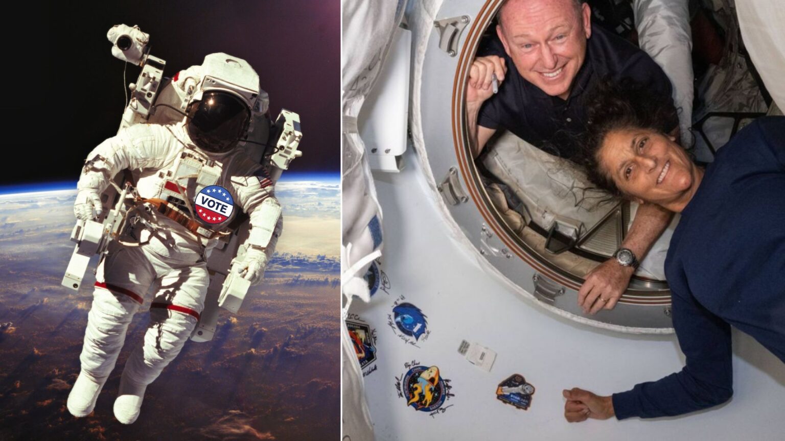 An astronaut with "I Voted" sticker floating through space next to an image of Butch Wilmore and Suni Williams floating in the ISS