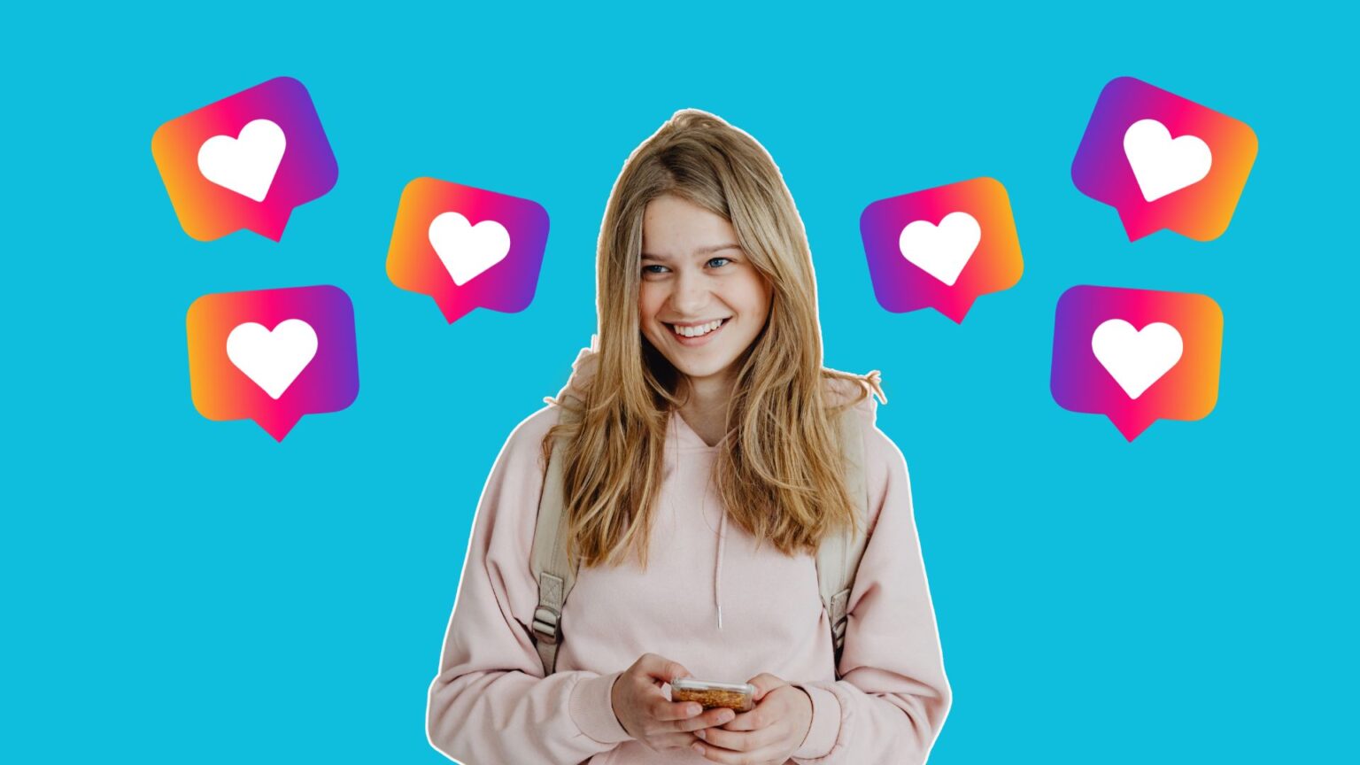 A teenage girl with blonde hair smiling at her smartphone with Instagram hearts surrounding her.