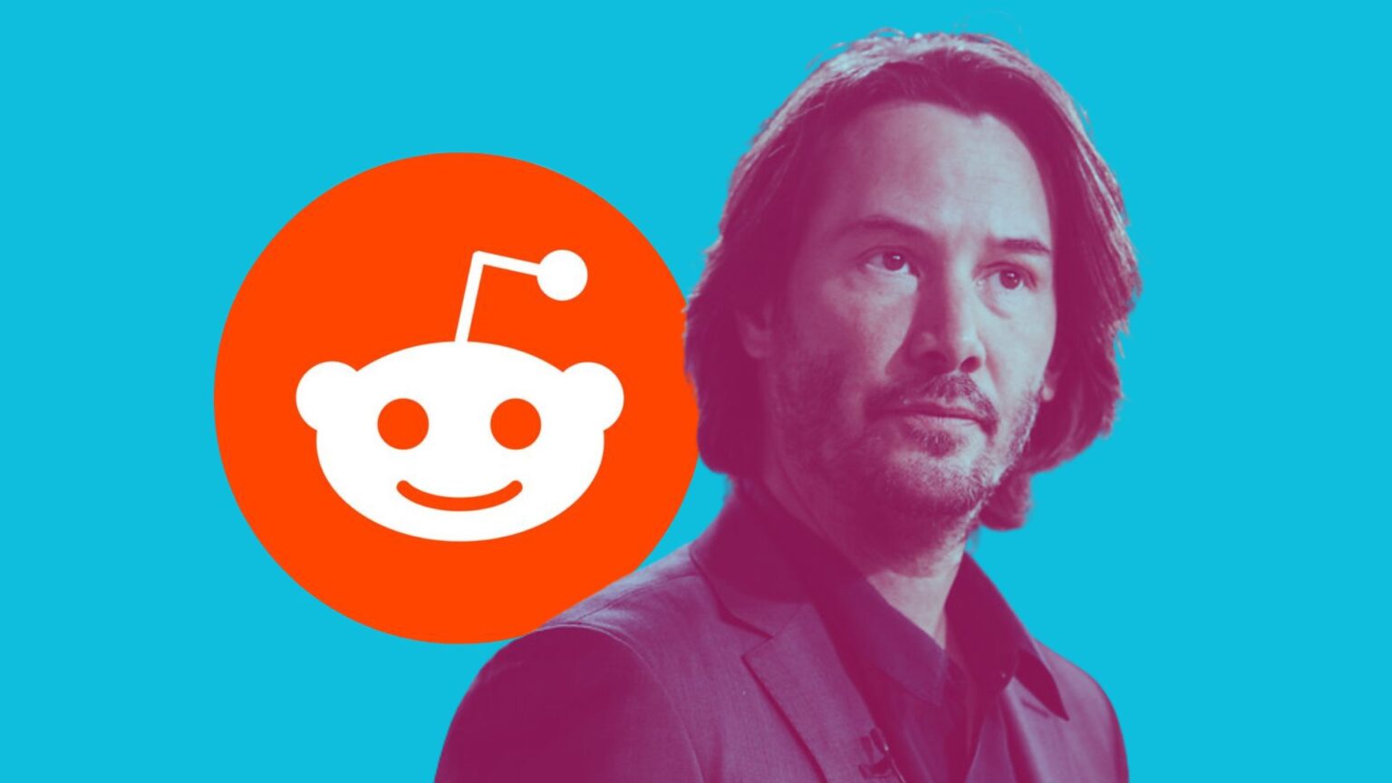 duo tone image of actor Keanu Reeves along side the Reddit logo against a blue background