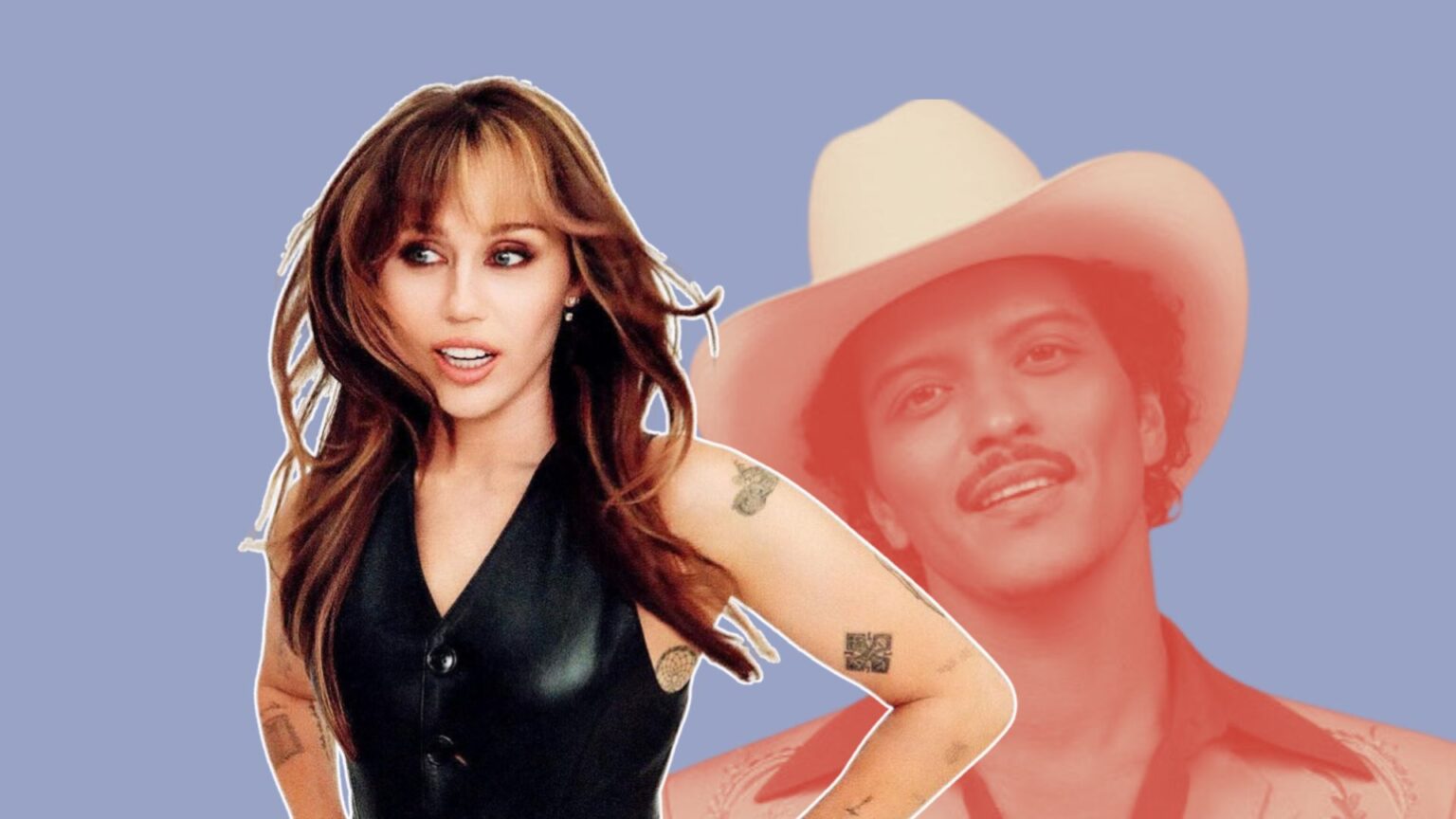 (From L to R) Miley Cyrus imposed on an image of Bruno Mars in a cowboy hat.