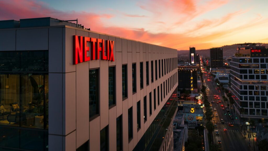 An angled view of the Netflix HQ in Los Angeles at sunset. 