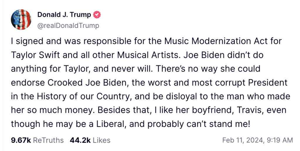 Donald Trump post about Taylor Swift on Truth Social