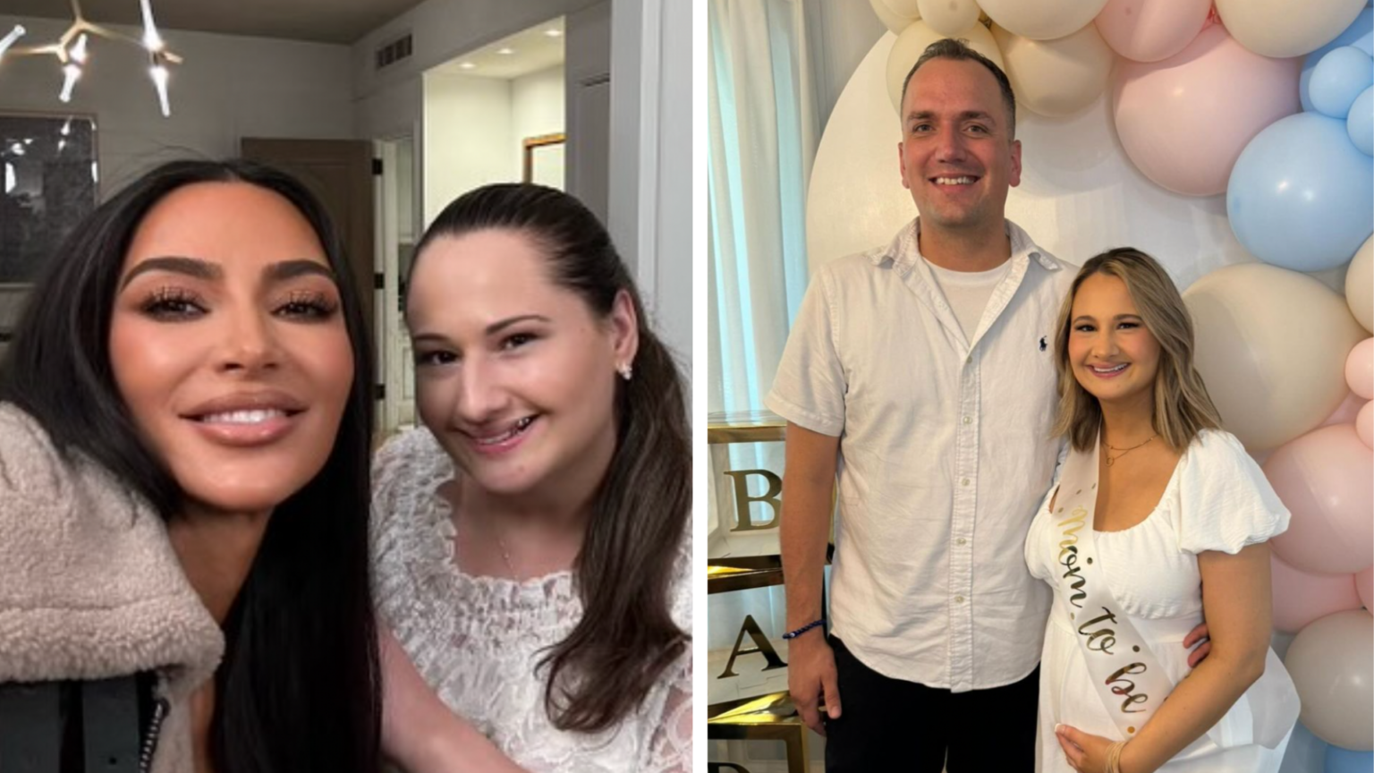 Side by side of Kim Kardashian and Gyspy Rose Blanchard and Gypsy Rose Blancahrd and now husband at a baby announcement party