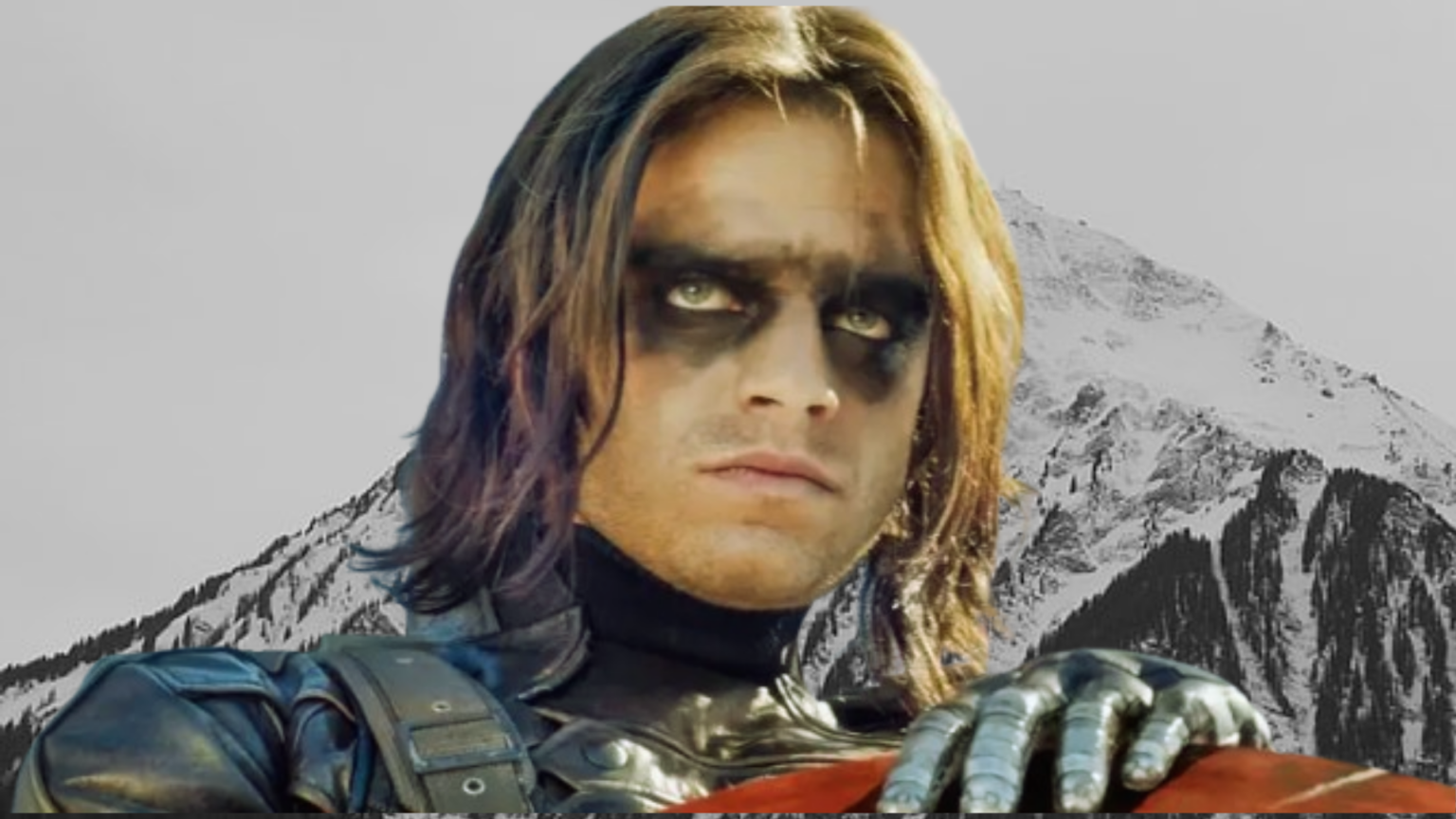 Bucky Barnes from Marvel with eye makeup, dreary background