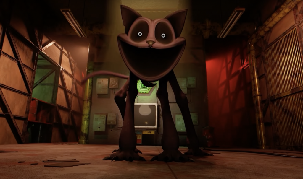 Catnap from video game poppy playtime coming towards you in a creepy room in Playtime Co.; still from a video game