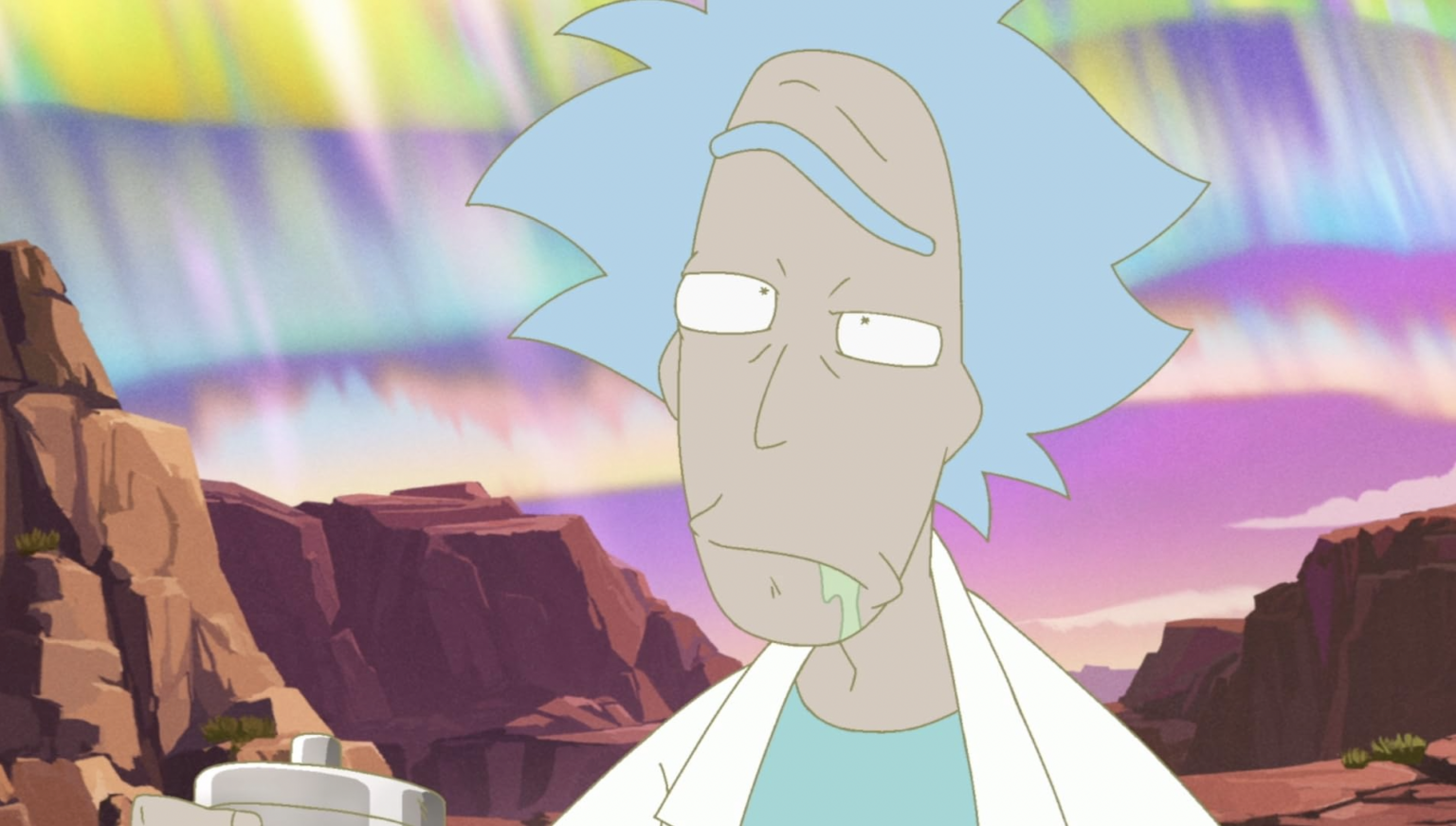 fictional character Rick against a rainbow auroras background from cartoon anime spin off rick and morty