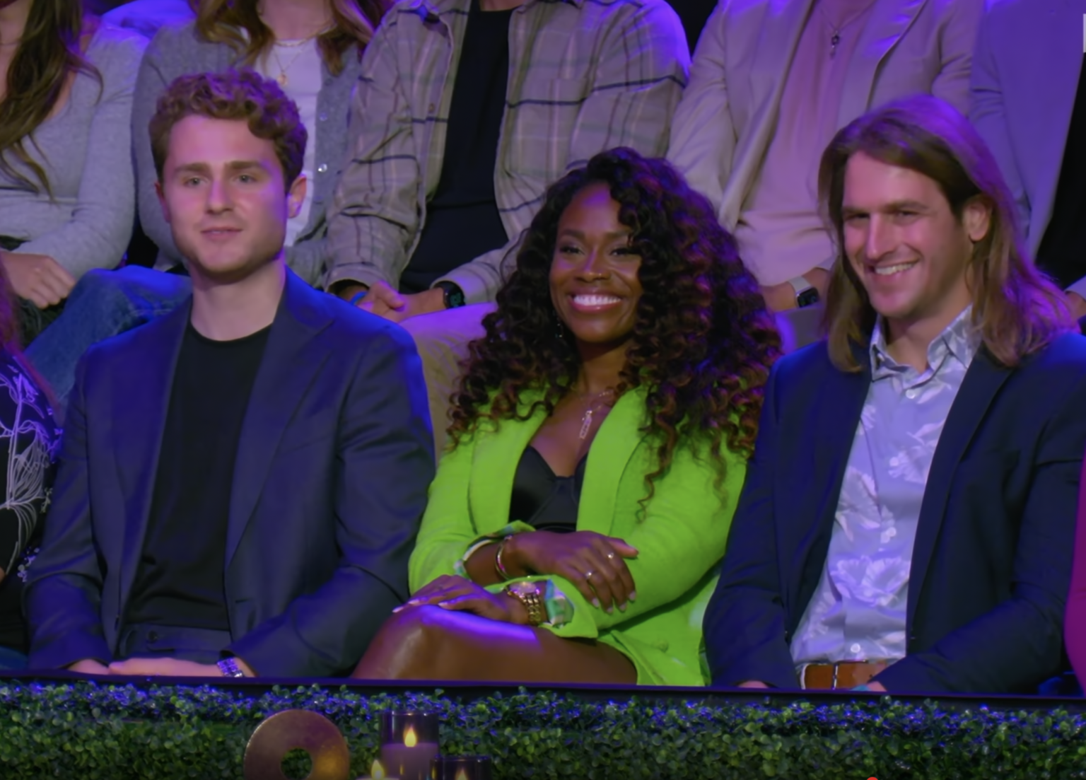 Love Is Blind Season 8 cast members Alex, Brittany, and Joey in the audience during the Season 7 reunion