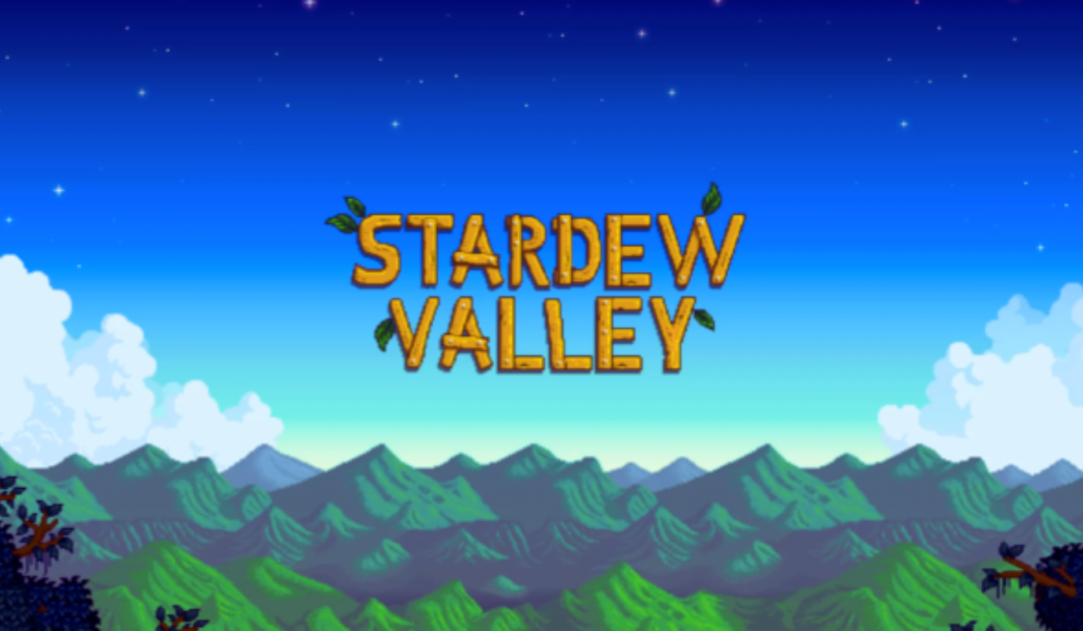 video game art still of hilly green landscape, large blue sky with Starview valley logo