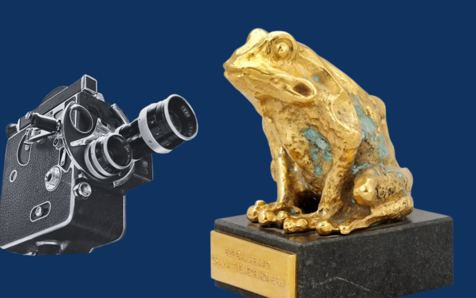 Golden Frog Award from Camerimage awards with a cinematography camera pointed at it