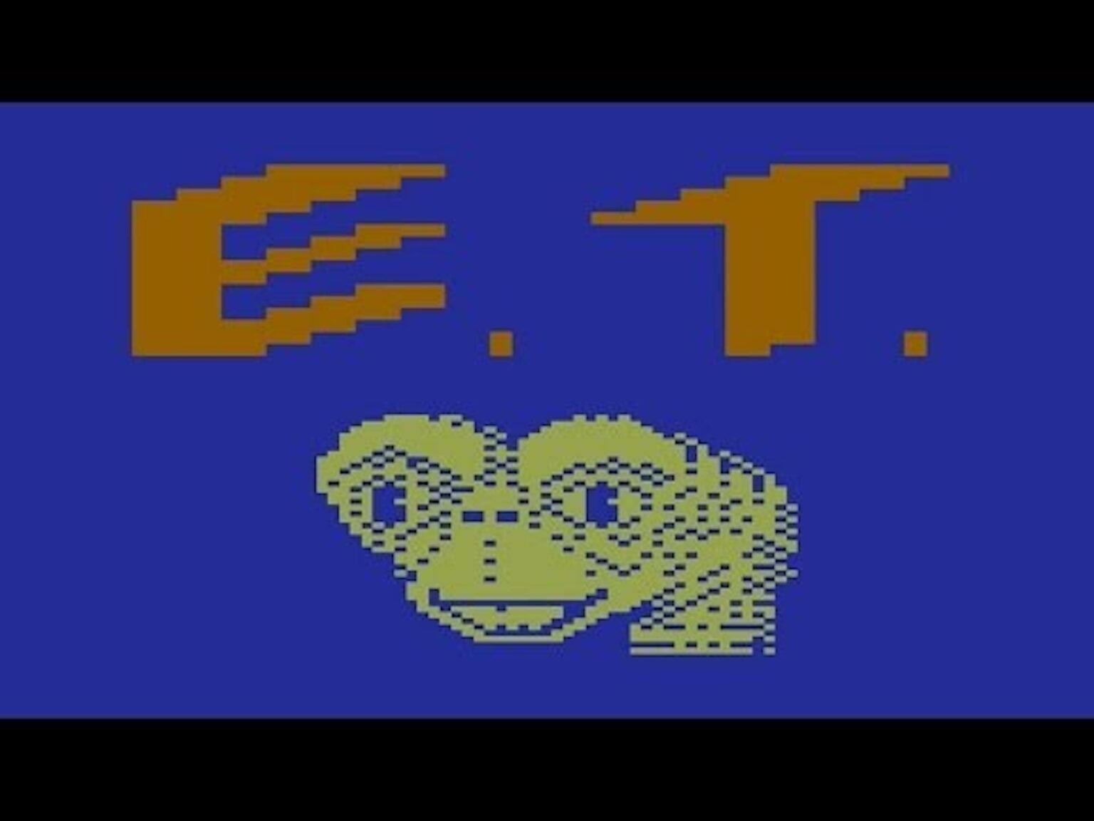 A blue background with a gray 8-bit alien against it in Atari's 'E.T. The Extra Terrestrial.'